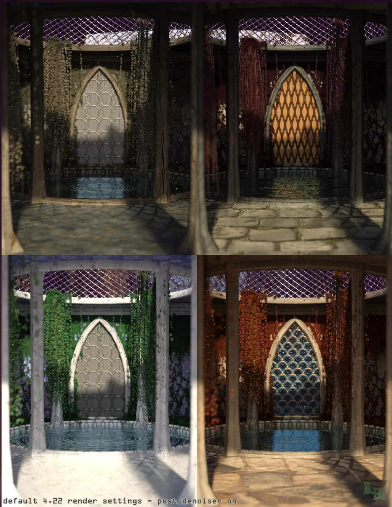 Ancient fountain with arched window and hanging vines in a fantasy garden, 3D render, mystical scenery, high-quality Daz3D asset, realistic textures and lighting, decorative architecture, fantasy landscape design, immersive environment, detail-rich scene, immersive fantasy garden scene, high-resolution digital art.