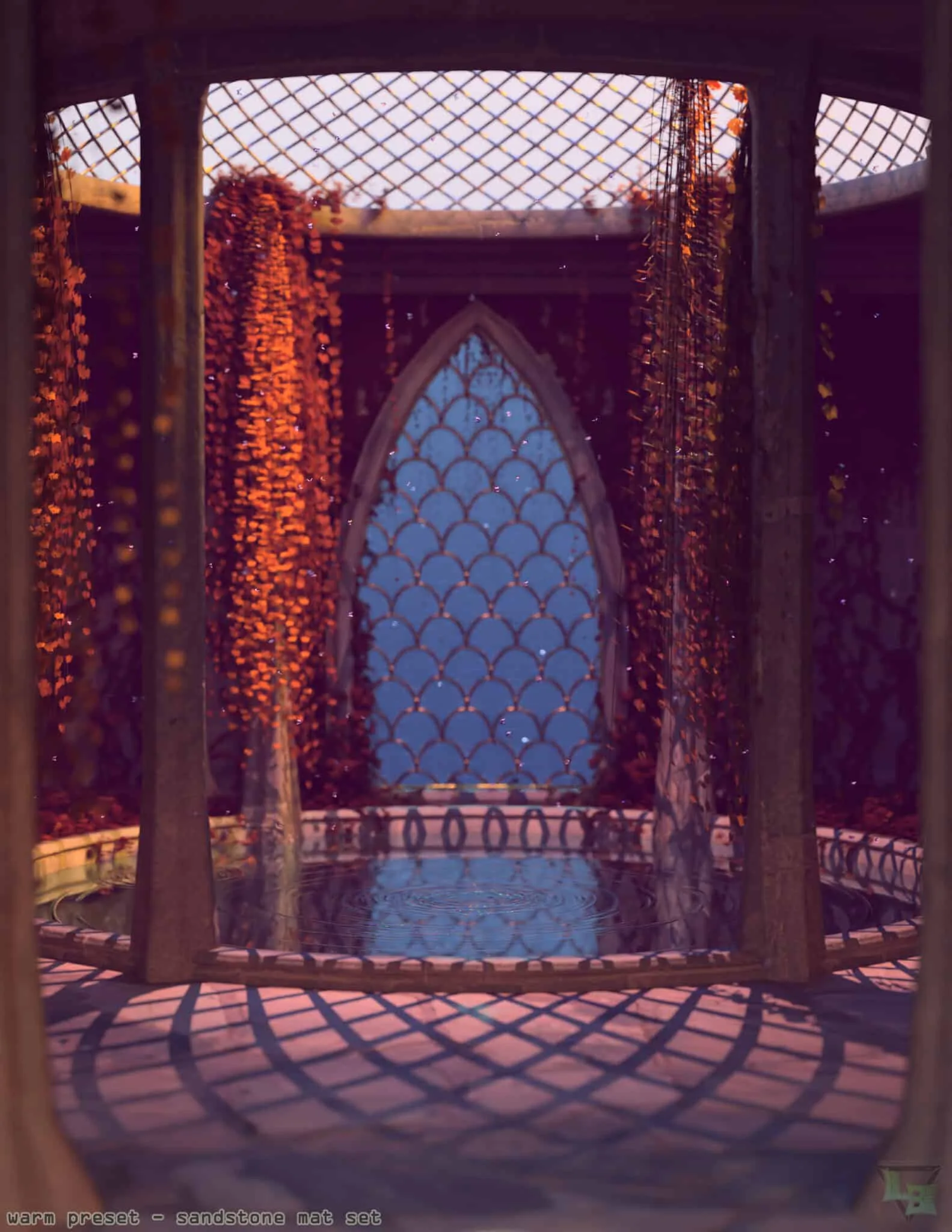 A serene gazebo with intricate lattice roof, surrounded by hanging autumn foliage, overlooking a tranquil water fountain against a twilight sky, perfect for fantasy or peaceful outdoor scenes.