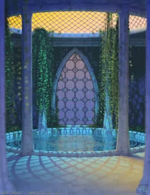 Porcelain mat set in a fantasy fountain garden with hanging vines, glowing ambient lighting, intricate hexagonal window design, and water reflections, 3D realistic render for Daz3D assets.