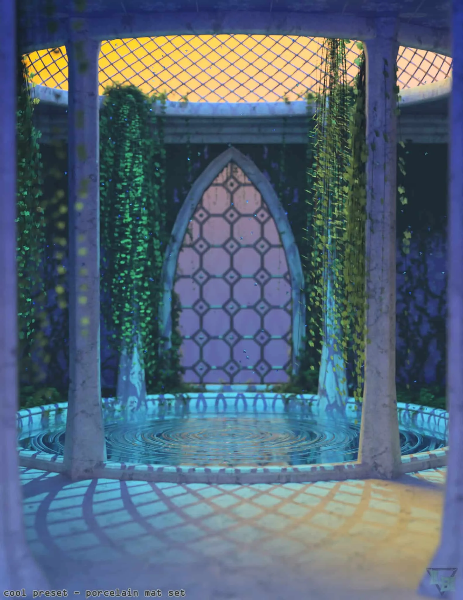Porcelain mat set in a fantasy fountain garden with hanging vines, glowing ambient lighting, intricate hexagonal window design, and water reflections, 3D realistic render for Daz3D assets.
