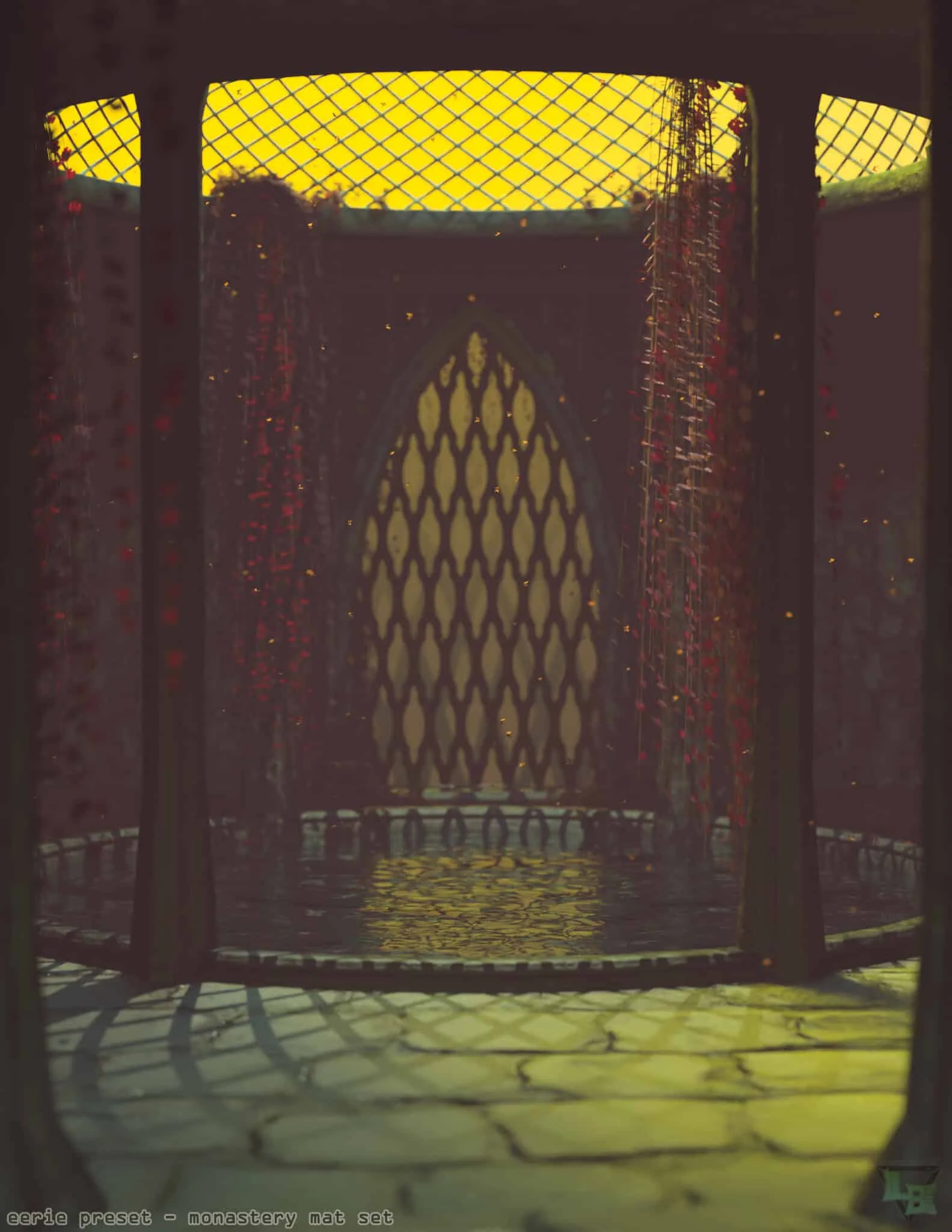 Cozy monastery meditation room with intricate lattice window and ambient yellow lighting, perfect for spiritual retreats and peaceful reflection, showcasing high-quality Daz3D assets for 3D art.