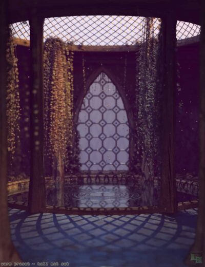 Floating water temple with intricate stained glass windows and hanging plants, 3D rendered fantasy scene, detailed textures and atmospheric lighting, perfect for digital art projects and 3D asset collections.