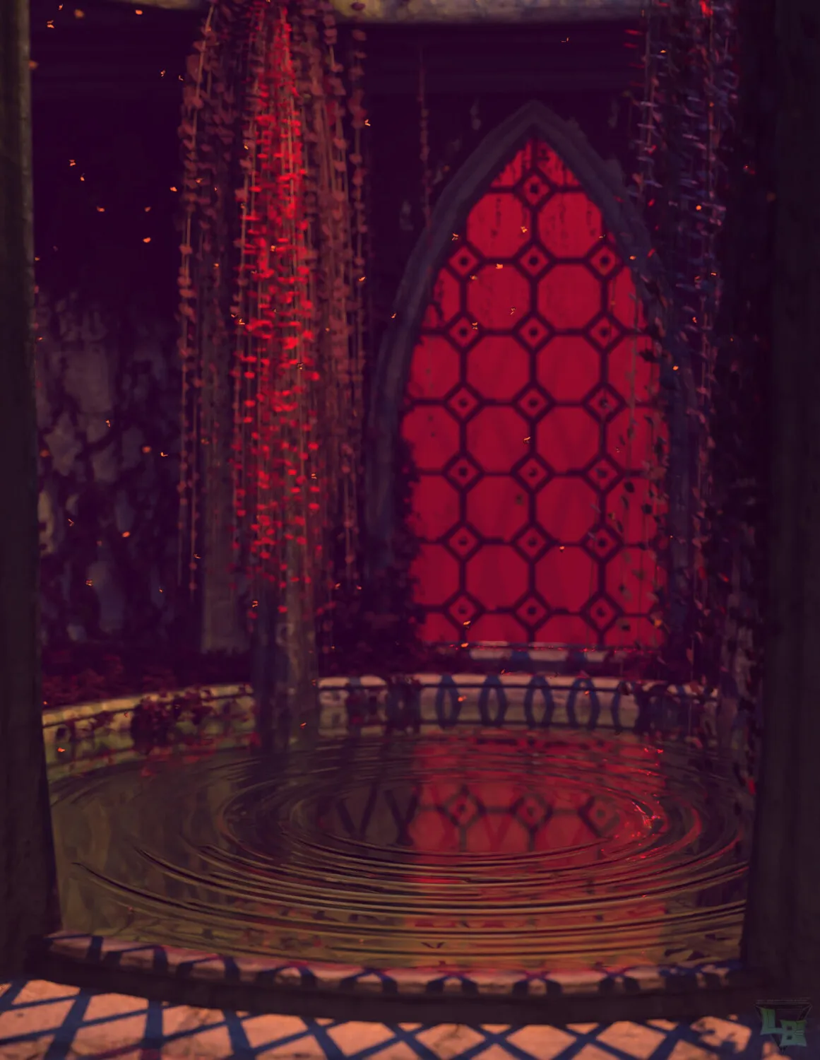 Water fountain with glowing red stained glass arched window in dark gothic setting, 3D rendered scene inspired by Daz3D assets, fantasy background, moody atmosphere, high detail.