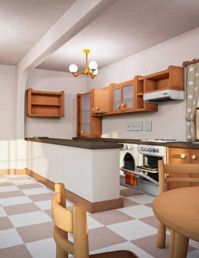 3D rendering of a cozy kitchen with wooden cabinets, checkered flooring, and large window showing outdoor trees, highlighting realistic 3D assets for interior design and home decoration visualization.