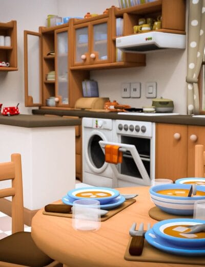 Red and white toy teapots and cups on kitchen counter, cozy wooden kitchen interior with breakfast table, 3D render of household decor and kitchenware for realistic scene creation, high-quality Daz3D assets.
