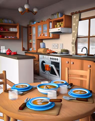 High-quality 3D kitchen scene featuring detailed cabinets, appliances, and dining table setup, perfect for Daz3D assets and 3D rendering projects.