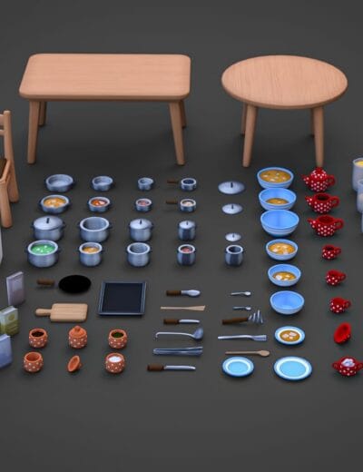 Miniature kitchen set with pots, cups, dishes, utensils, and furniture in 3D render, perfect for Daz3D and 3D modeling projects.