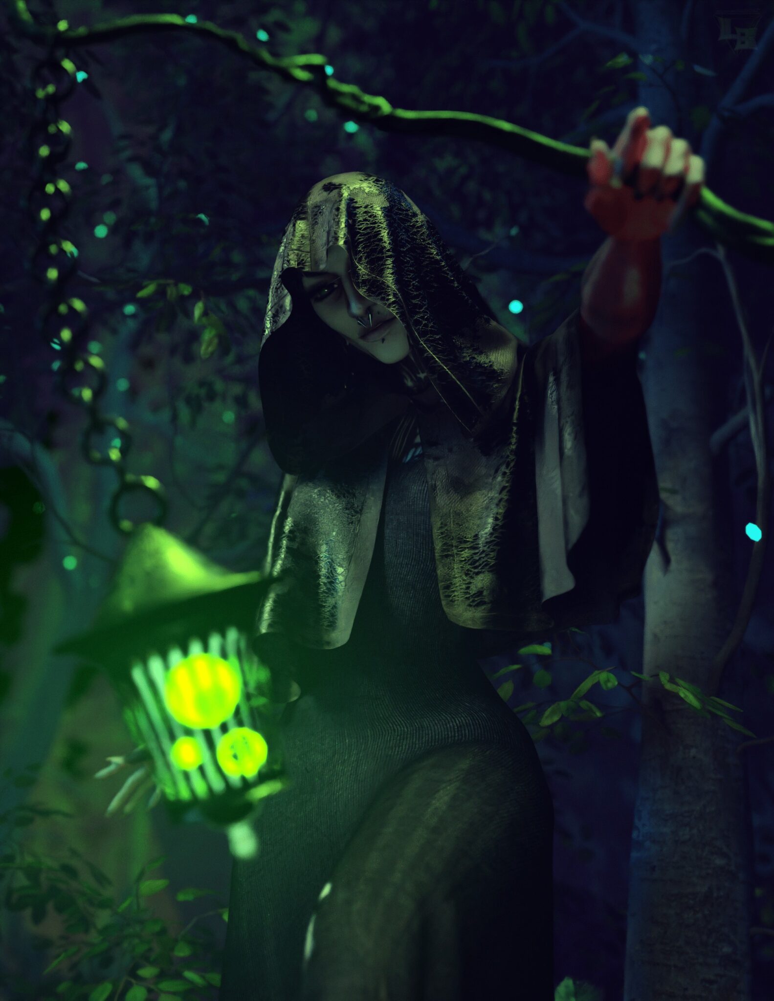 Glowing lantern held by a mysterious dark figure in a mystical forest scene, dark fantasy art with eerie lighting, perfect for Daz3D assets, fantasy character illustration, digital art concept, 3D environment modeling.