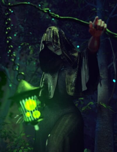 Glowing lantern held by a mysterious dark figure in a mystical forest scene, dark fantasy art with eerie lighting, perfect for Daz3D assets, fantasy character illustration, digital art concept, 3D environment modeling.