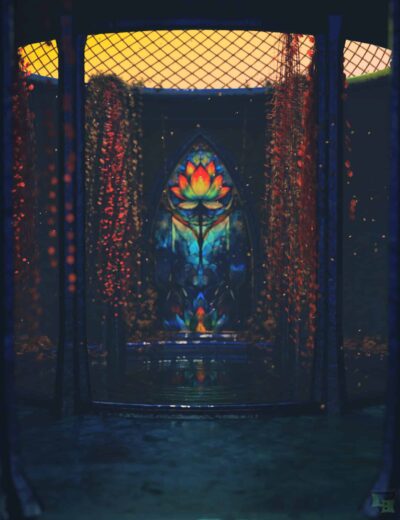 Intricate stained glass lotus flower design in a gothic cathedral setting with ambient lighting, showcasing detailed 3D asset visuals for Daz3D models, perfect for 3D art and rendering projects.