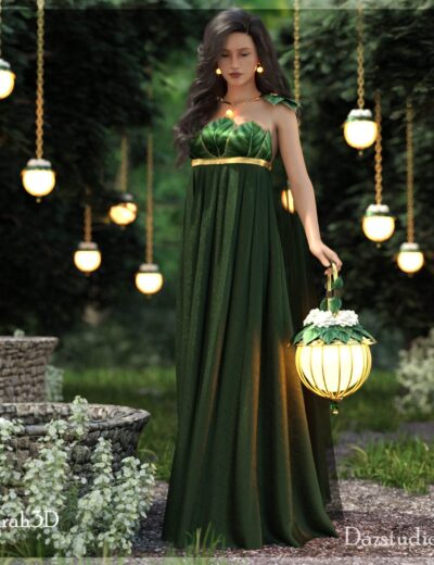 Elegant fantasy female character in flowing green dress holding a lantern in a mystical forest, surrounded by hanging glowing lights, perfect for 3D assets and digital art.