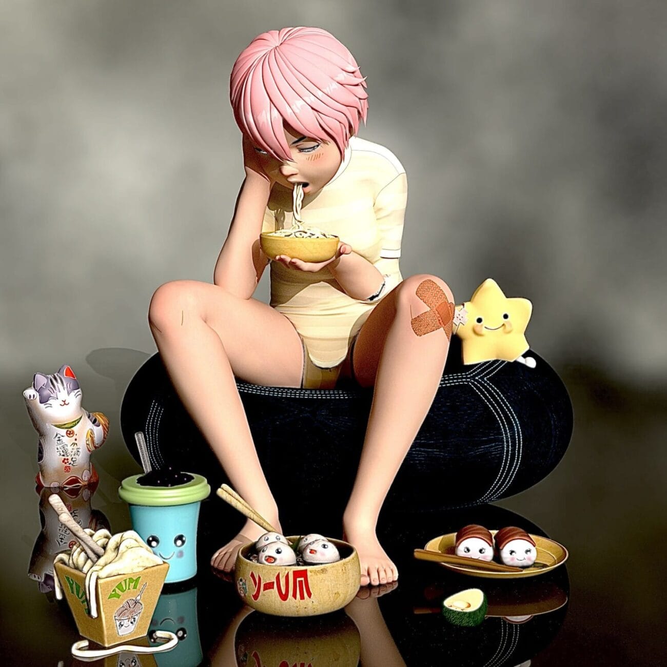 Eating noodles anime-style 3D character with pink hair sitting on a black tire with sushi and Japanese-themed accessories, cute figurines, and playful items for Daz3D assets.