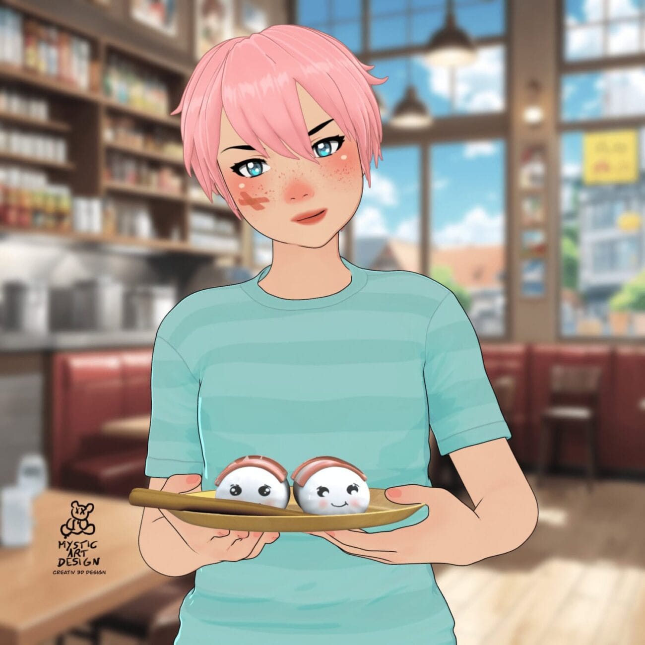 Delicious sushi sushi rice and fish with smiling faces anime style, character holding a plate of cute sushi in a cozy cafe, vibrant colors, detailed illustration for 3D assets, Daz3D compatible.