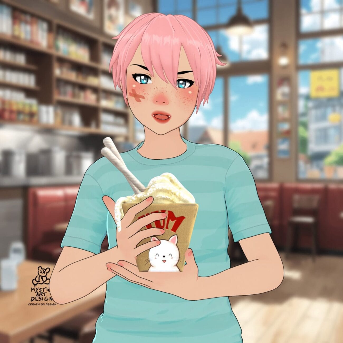 Cream-colored dessert with whipped topping and a cute white cat paper figurine, held by a pink-haired anime girl with freckles in a cozy cafe.