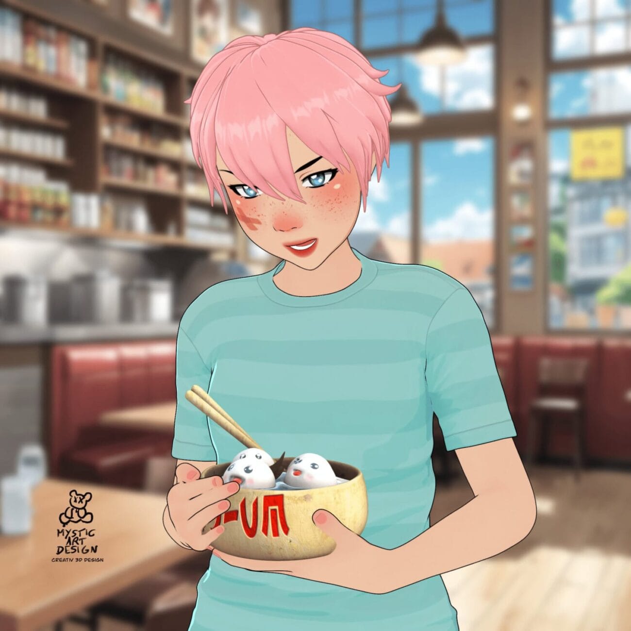Cute anime-style girl with pink hair and freckles holding a bowl of panda-shaped mochi in a cozy restaurant.