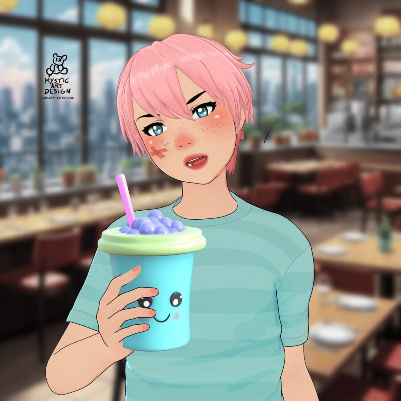 Pink-haired anime girl holding a blue bubble tea with a smiling face, in a cozy cafe setting, digital art, vibrant colors, kawaii style, 3D character, high detail, cute beverage design, food art, character illustration.