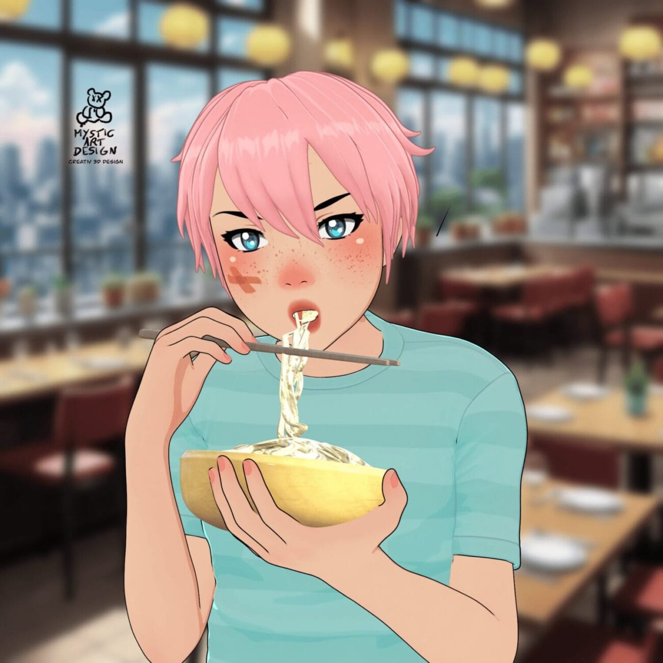 Anime-style female character eating noodles with chopsticks in a modern restaurant, pink short hair, blue eyes, casual teal shirt, detailed digital art, vibrant background, high-quality 3D assets, Daz3D compatible, realistic lighting and textures, concept art for food scenes.