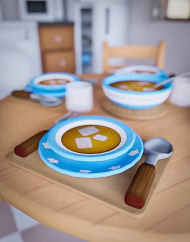 Colorful children's bowls with soup on a wooden table, featuring a baby shark design, perfect for Daz3D asset collections and 3D rendering projects.