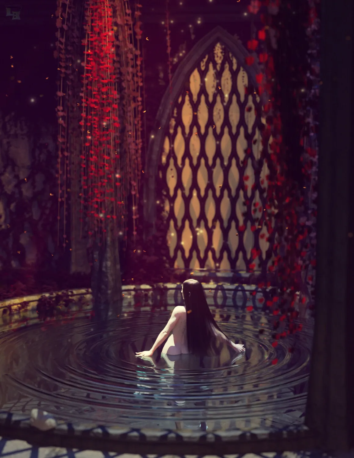 Female figure sitting in a water basin with long black hair in a fantasy garden scene, surrounded by red flowers and intricate gothic architecture, rendered in high detail for Daz3D assets and 3D art.