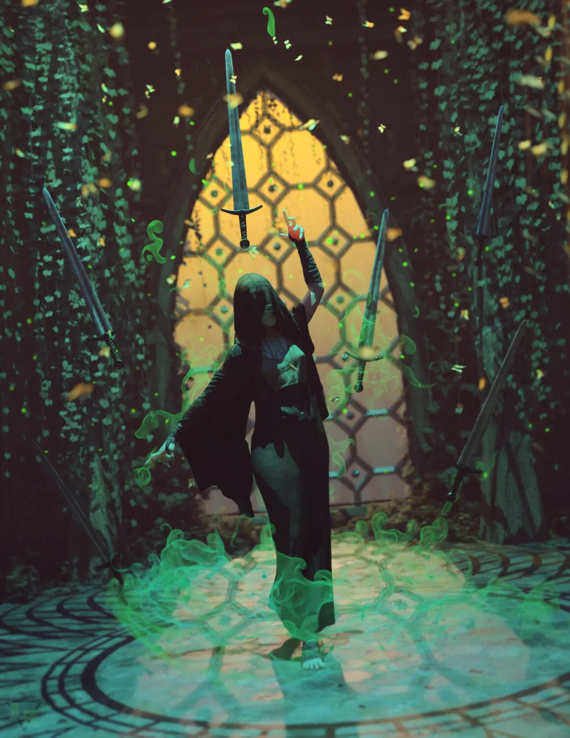 Great Queen of the Underworld, Dark Wizard in a mystical ancient cathedral, green fog and floating swords, fantasy scene, dark magic, high detail, 3D rendered Daz3D assets, cinematic lighting, atmospheric background.