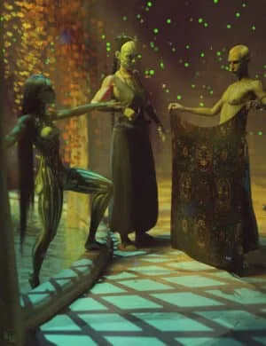 3D digital art featuring highly detailed fantasy characters created with Daz3D assets, showcasing intricate textures and surreal costumes in a mystical setting, ideal for fantasy and sci-fi themes.