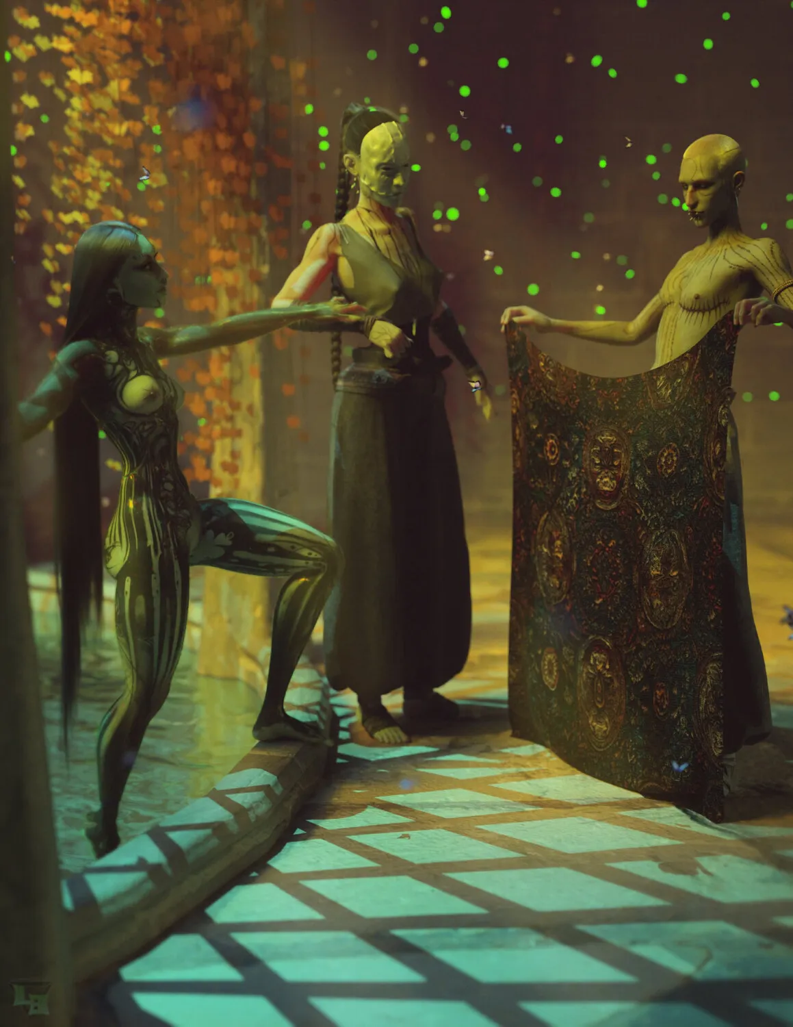 3D digital art featuring highly detailed fantasy characters created with Daz3D assets, showcasing intricate textures and surreal costumes in a mystical setting, ideal for fantasy and sci-fi themes.