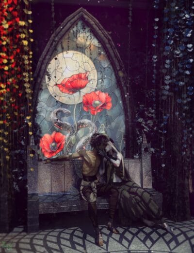 Vivid stained glass window featuring red poppies and a snake, romantic couple sitting on stone bench, artistic floral backdrop, fantasy art scene, high-detail digital artwork, 3D render, Daz3D assets, fantasy illustration, artistic photography.