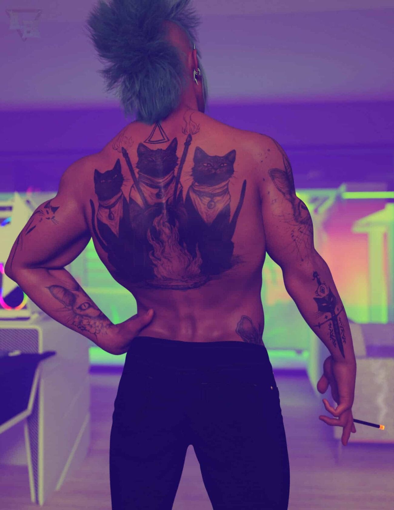 Vibrant tattooed male model with colorful chest and arm tattoos, holding a lit cigarette, in a modern art studio with neon lighting, showcasing 3D Shards digital assets for creative design projects.