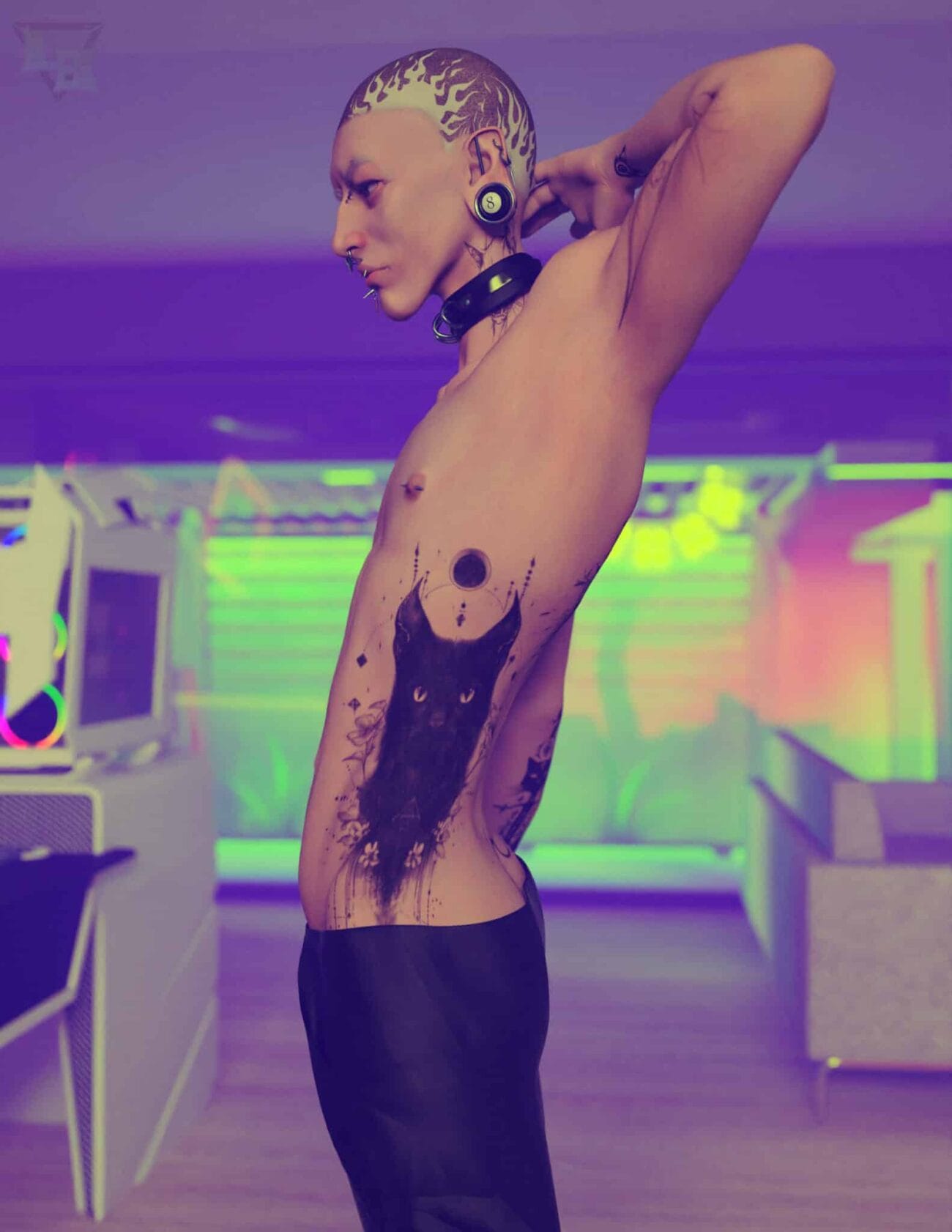 Lifelike 3D character modeling with detailed tattoos, modern headphones, and cyberpunk ambiance in a vibrant, neon-lit setting for high-quality Daz3D assets.
