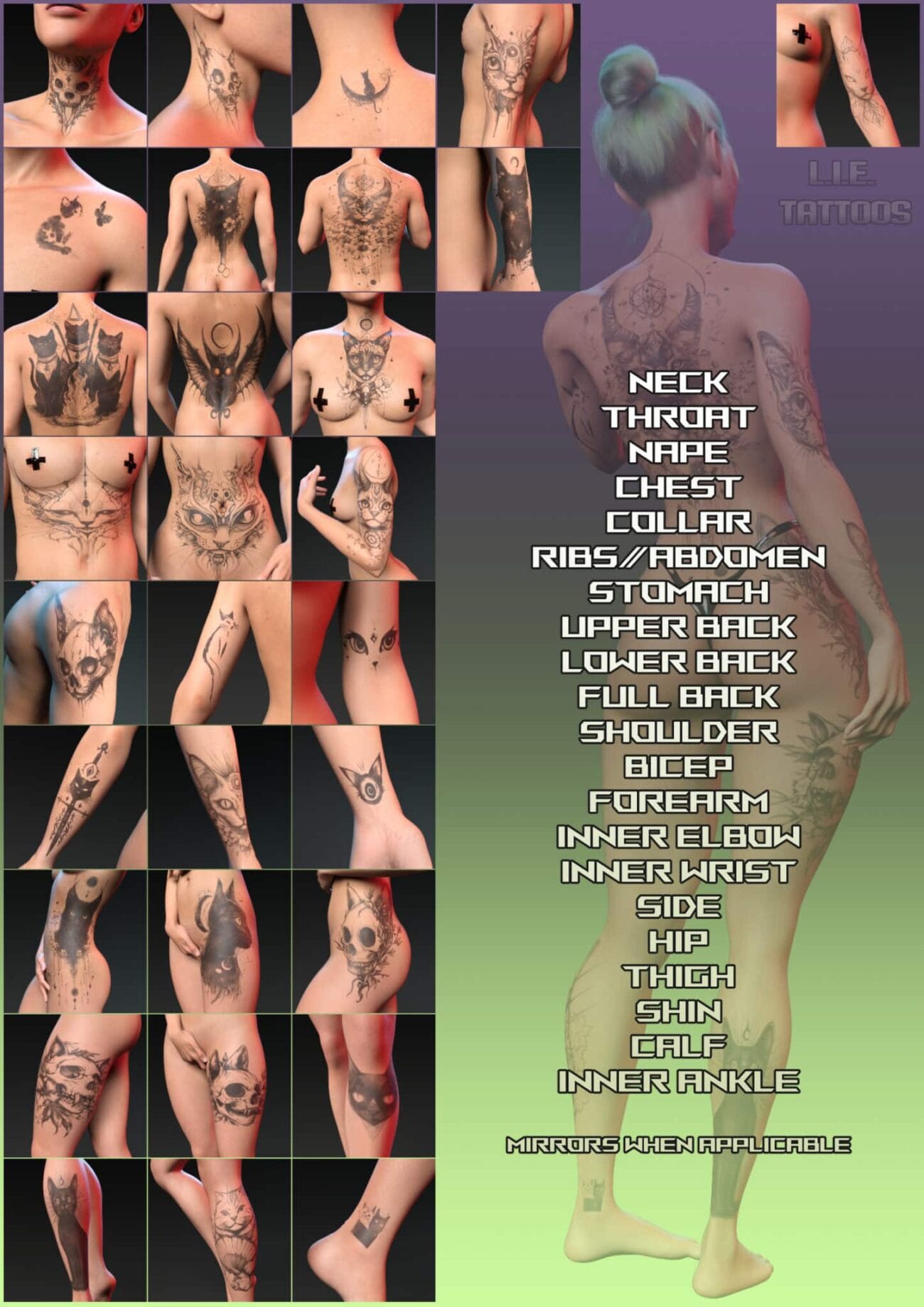 Skull tattoos on women, full-body animal and geometric designs, realistic black ink and colorful body art for Daz3D characters and 3D art projects.