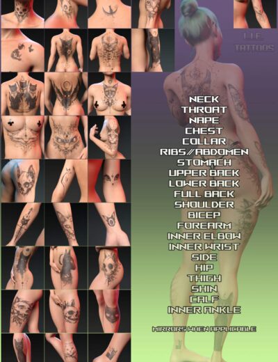 Skull tattoos on women, full-body animal and geometric designs, realistic black ink and colorful body art for Daz3D characters and 3D art projects.