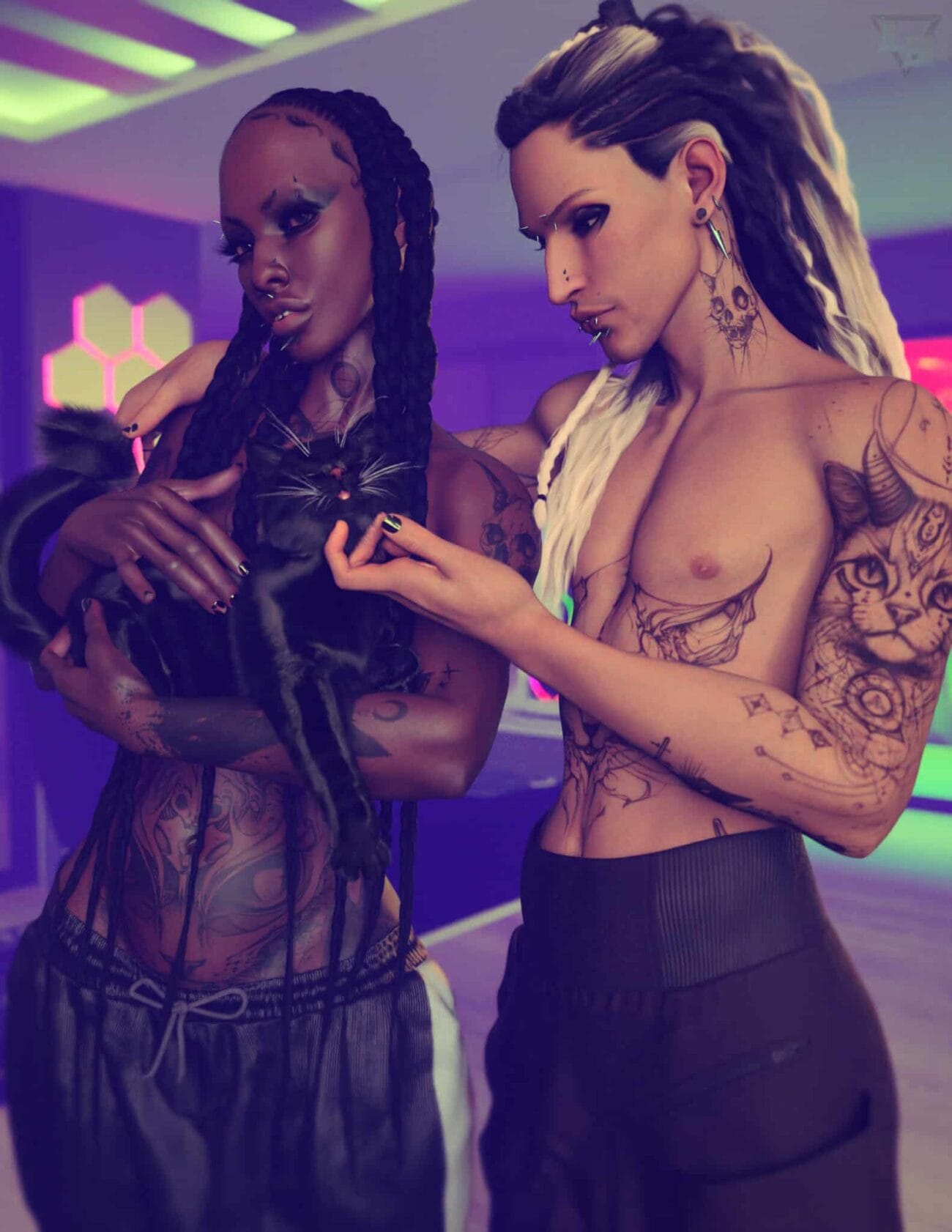 Black-haired woman holding a black and white cat, tattoos, tattoos, neon lighting, alternative style, vibrant, edgy, modern, artistic, expressive, 3D Shards - Quality Daz3D Assets.