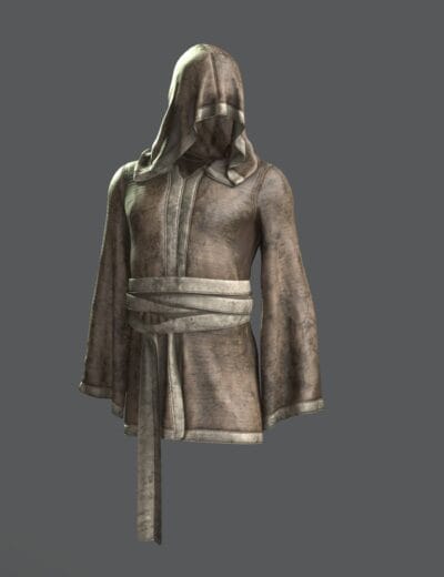 Worn medieval leather hooded cloak 3D model for Daz3D characters and virtual art projects.