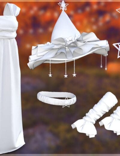 Flowing white dress with ruffled details and bow accents, 3D paper star holiday decorations, and a whimsical wizard hat, perfect for festive scenes and holiday themes in Daz3D renders.