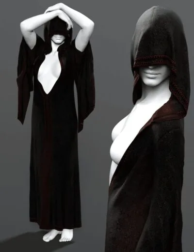 Black hooded dress with detailed red stitching for Daz3D, perfect for 3D character design and digital art projects. High-quality 3D assets for realistic clothing simulation and rendering.