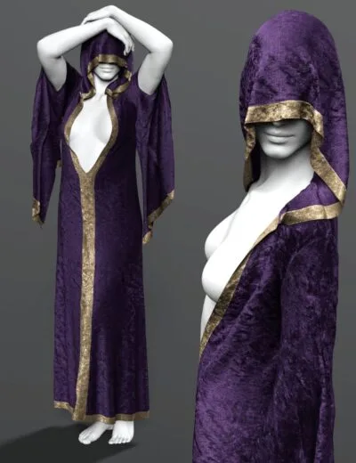 Purple velvet hooded robe with gold trim, 3D printable fantasy costume, for Daz3D characters, realistic textures, high detail, perfect for fantasy and medieval scenes.