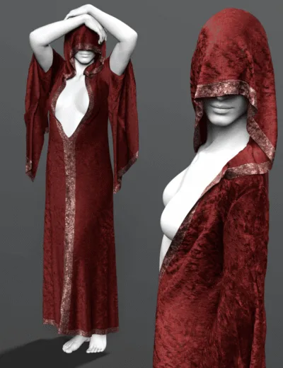 Luxury red velvet hooded gown for Daz3D, detailed texture, elegant high-quality 3D asset, perfect for fantasy or cosplay scenes, available on 3D Shards.