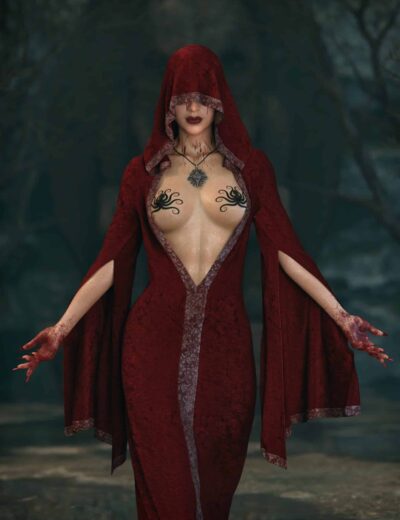 Dark fantasy female character wearing a deep red hooded cloak and revealing gothic tattoos, standing in a mysterious, foggy forest setting.