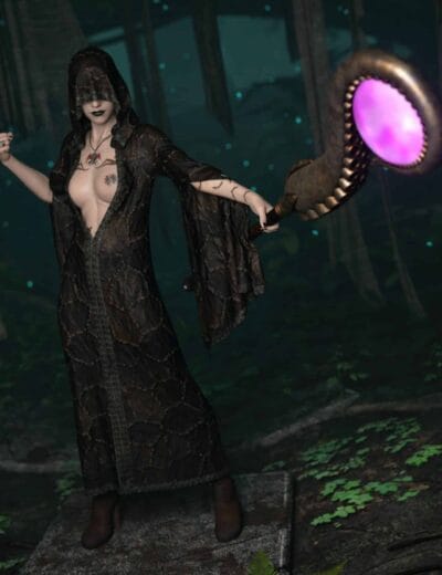 Dark fantasy sorceress in black lace robe wielding a glowing magical staff in a mystical forest scene. 3D digital art from Daz3D assets with high detail and fantasy theme.