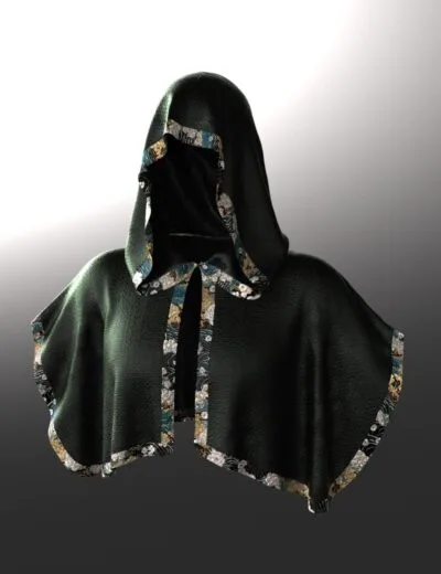 Elegant 3D model of a hooded cloak with intricate floral trim, designed for Daz3D assets, showcasing high-quality textures and detailed detailing suitable for realistic renders.