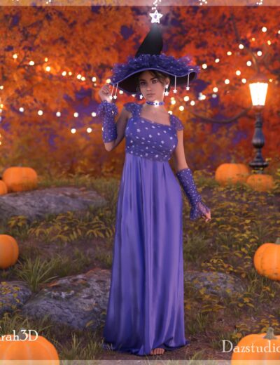 Elegant witch costume featuring a starry purple gown and matching pointy hat, perfect for Halloween or fantasy-themed events, created with high-quality Daz3D assets.