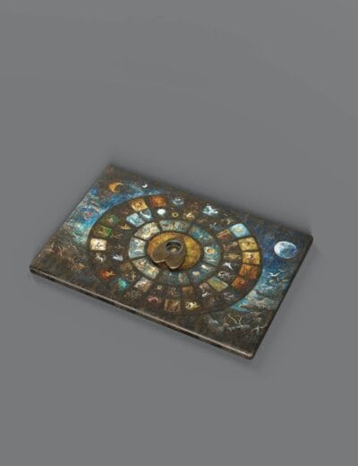 Spiral calendar game piece with astrological symbols, fantasy-themed 3D asset, detailed design for digital art and game development, high-quality Daz3D model from 3dshards.com.