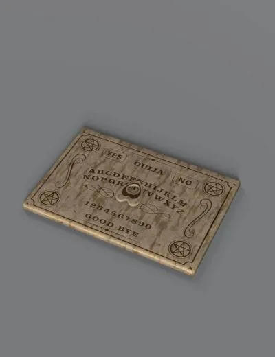Vintage Ouija board with a heart-shaped planchette on a gray background, featuring classic alphabet, numbers, and spirit symbols, emphasizing 3D asset quality for Daz3D sci-fi and paranormal renders.
