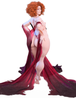 Elegant 3D female model with red curly hair, draped in luxurious red fabric, showcasing high-quality Daz3D assets, perfect for realistic and artistic renders.