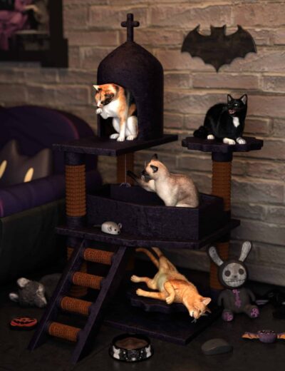 A detailed Halloween-themed multi-level cat tree decorated with plush toy cats, mice, and spooky accessories, featuring realistic Daz3D assets perfect for pet and holiday scene renders.