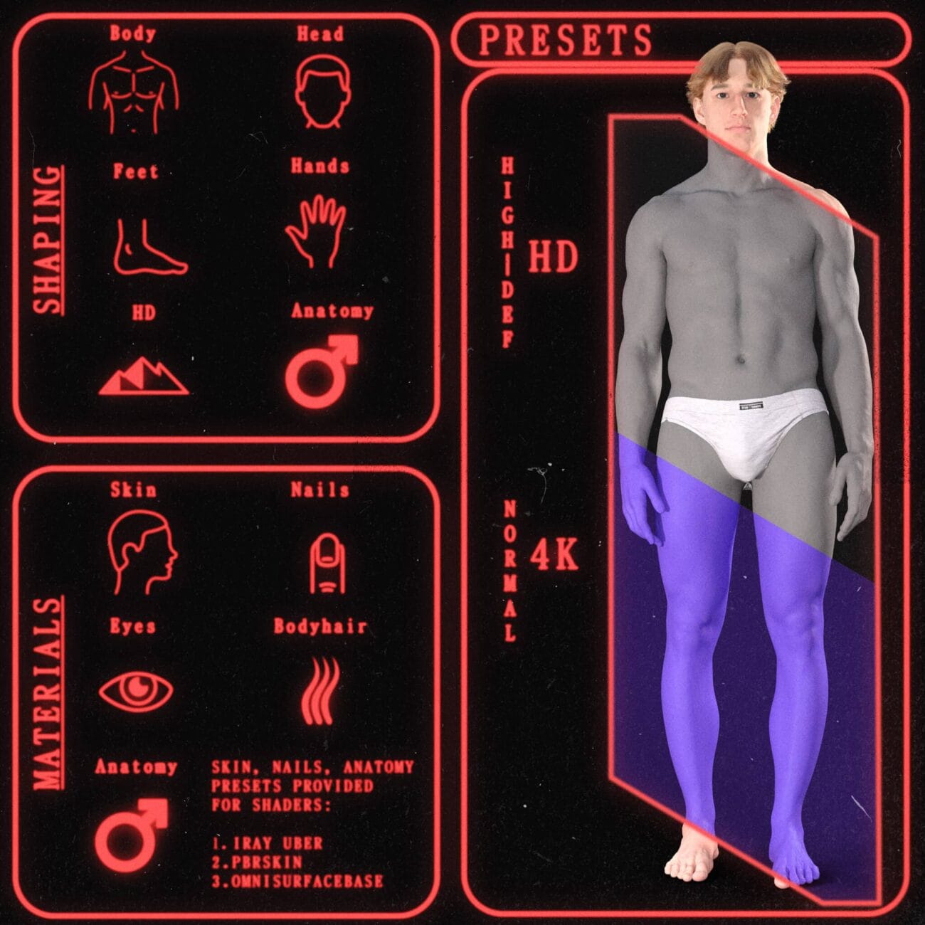 3D human body model with highlighted legs in purple, showcasing detailed anatomy and texture quality for Daz3D assets and 3D character design projects.