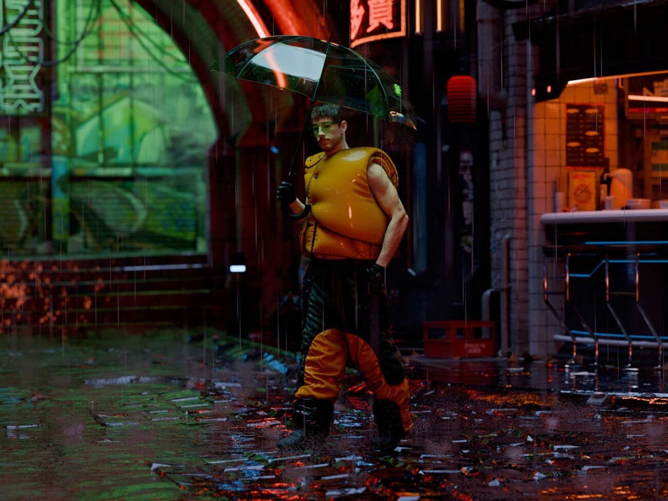 A man in neon yellow rain gear holding a transparent umbrella on a rainy city street at night with colorful neon signs and reflections.
