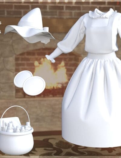 3D Witch Costume Dress Set for Daz3D, includes chest buttons, wrist buttons, cauldron, hat, and dress; perfect for Halloween-themed 3D character creation and fantasy scenes.