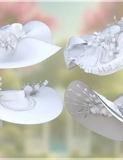 Elegant white hats with detailed embellishments, perfect for 3D modeling or digital fashion design, showcasing high-quality Daz3D assets from 3D SHARDS.