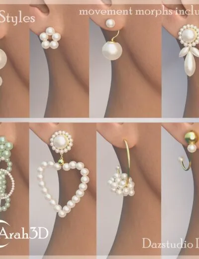 Elegant pearl earring collection with 15 styles and animated movement options for realistic 3D rendering. Perfect for jewelry, fashion, or 3D character accessory designs.